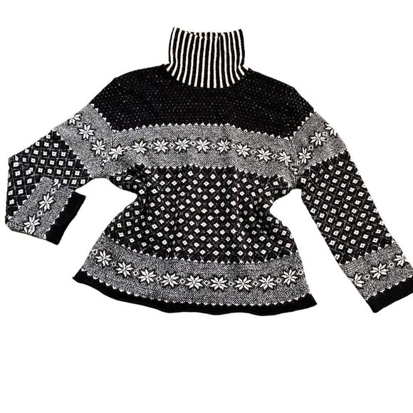 Crossing Pointe XL Turtleneck Sweater Mixed Pattern Nordic Fair Isle Black 177F - Picture 1 of 7